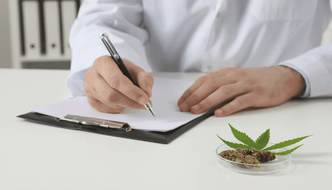 Arzt schreibt etwas. Im Vordergrund liegen Cannabisblüten